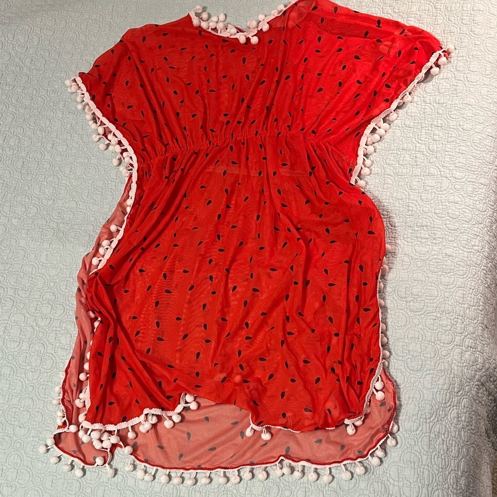 Red Pom-Pom Trim Cover-Up